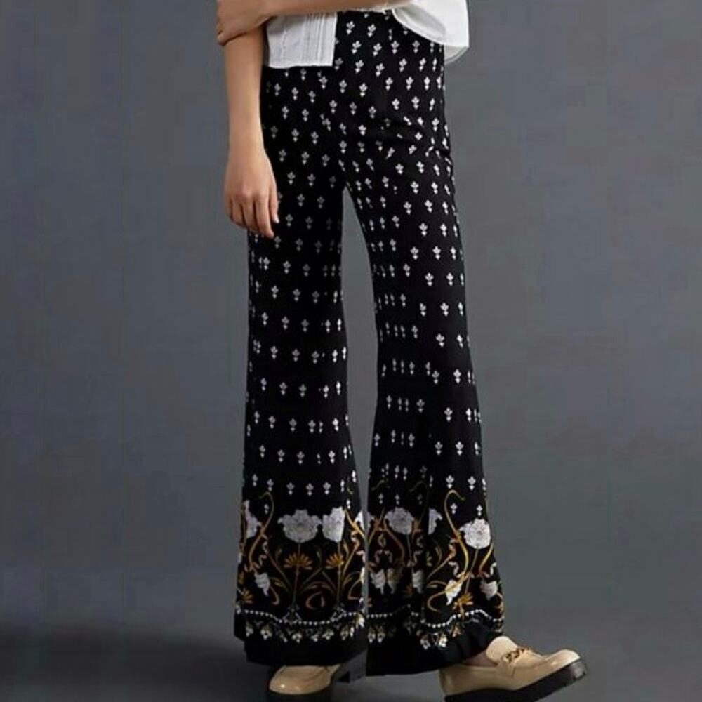 Anthropologie Floral‎ Wide Leg Pants 2 Black White Yellow Viscose Flowy